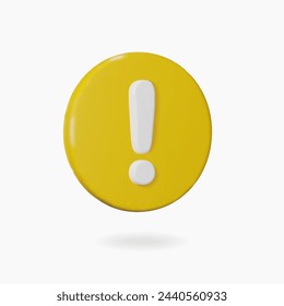 3d warning sign on yellow circle. Realistic 3d render attention icon. Glossy plastic sign. Vector illustration.
