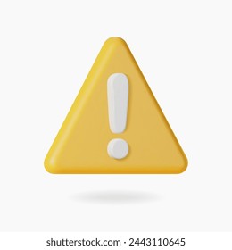 3d warning sign on yellow triangle. Realistic 3d render attention icon. Glossy plastic sign. Vector illustration.