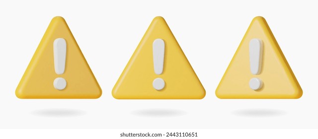 3d warning sign on yellow triangle different 3 rotation. Realistic 3d render attention icon set. Glossy plastic sign set. Vector illustration. 3D Illustration