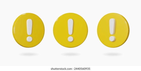 3d warning sign set on yellow circle different 3 rotation. Realistic 3d render attention icon set. Glossy plastic sign. Vector illustration.