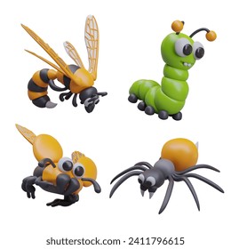 3D wasp, caterpillar, beetle, spider. Vector set of insects on white background. Study of environment. Characters for children educational games, applications