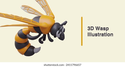 3D wasp with exposed sharp sting. Predatory insect, side view. Horizontal concept on color background. Banner for children zoology website. Insect study lesson