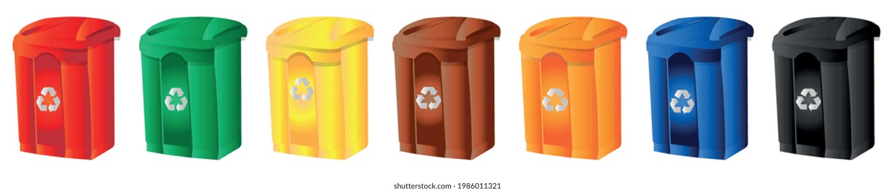 3d waste containers with waste recycling icon. Waste management concept, separation of garbage cans, sorting and recycling. Vector illustration.