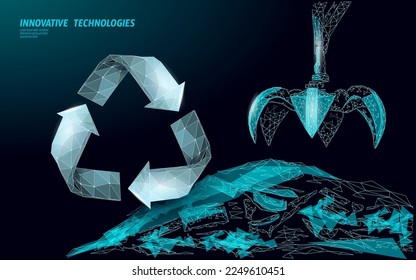 3d Waste crane arm claw. Low poly polygonal garbage landfill industrial eco banner. Planet global pollution grabber ecology vector illustration