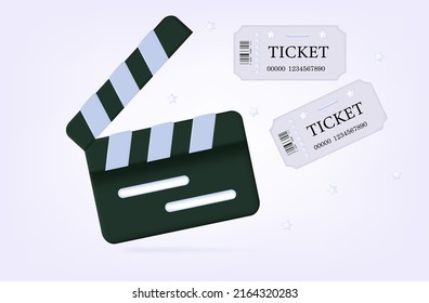 3d watch movie icon. Banner vector. Concept live viewing online. Clapperboard with tickets and stars, watch movie, news, music. Broadcast video, clip, pass, entry, admission or access at the cinema.