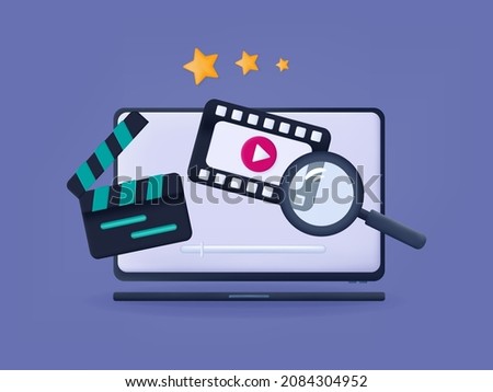 3d watch movie. Search interesting, modern video. Live viewing online. Start button, watch movie, news, music. Broadcast video, clip, smart tv device on the screen, computer. Vector 