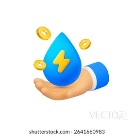3d water drop with energy icon, on a hand with flying coins, isolated on white background. Energy saving, water saving icon in 3d vector