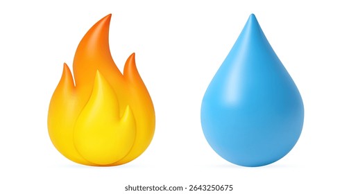 3d water drop and fire flame icon. 3d rendering. Vector illustration