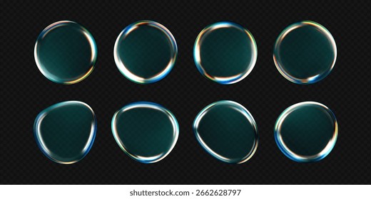 3D-Wassertropfen-Symbole gesetzt. Glänzende transparente Kleckse mit holografischer Regenbogenkante, fließender Textur und Lichtreflexionen. Realistische abstrakte UI-Elemente für Kosmetik, Serum oder futuristisches Design