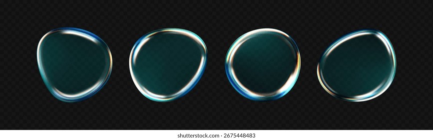 Ícones de gota d'água 3D definidos. Bolhas transparentes brilhantes com borda holográfica do arco-íris, textura fluida e reflexos de luz. Elementos de UI abstratos realistas para cosméticos, soro ou design futurista