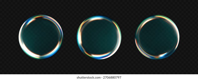 3D water drop icons set. Glossy transparent blobs with holographic rainbow edge, fluid texture and light reflections. Realistic abstract UI elements for cosmetics, serum, or futuristic design