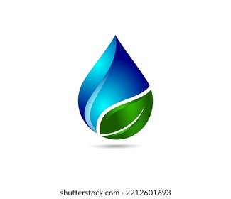 concepto de logo de la compañía de gas y gas de petróleo con gota de agua 3D y logo de la hoja. logotipo vectorial, símbolo, signo o signo de ilustración de diseño aislado en fondo blanco