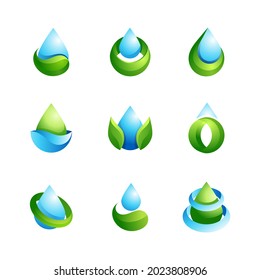 3d water drop logo design with blue and green gradient colors, set of vector icon template bundles.