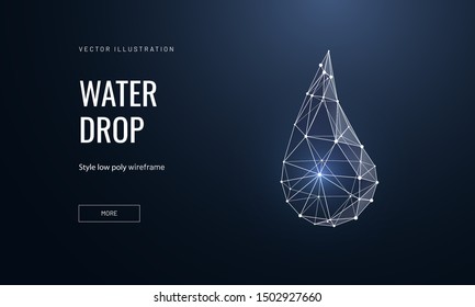 3d water drop low poly landing page template. Mesh art droplet polygonal illustration. Water purification web banner with connected dots. Environment protection symbol website page design layout