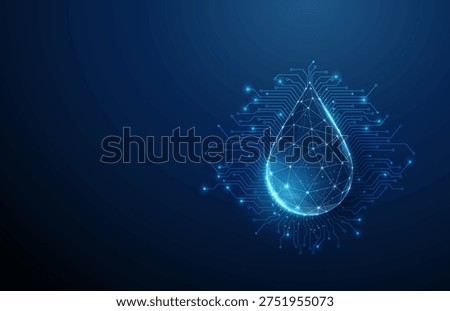 3d water drop with microchip circuit lines. Smart water technology, digital monitoring, quality analysis, environmental data tracking, innovative water system concept. Futuristic digital style. Vector