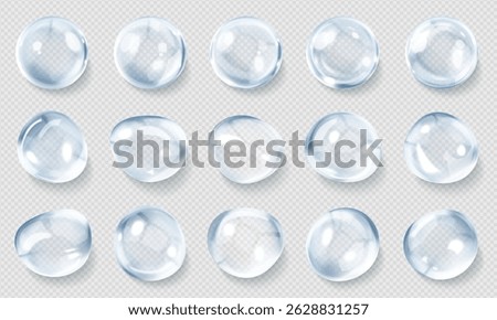 3d water drop, sea or rain droplet, liquid or fluid soap bubble, rainbow light glass ball, nature aqua air splash and shiny crystal balloon icon with holographic texture on transparent wet background.
