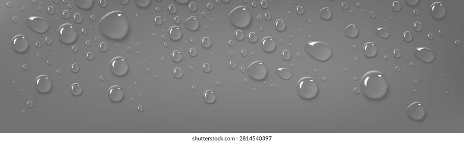 3D water drops on wet glass surface. Vector realistic illustration of transparent rain droplets on window, shower or bathroom wall, moisture spray texture, sweat effect, morning dew, seamless pattern