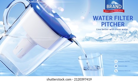 3d water filter pitcher ad template. Water pouring from jug mock-up into glass cup on frozen ocean background. Staying hydrated concept.