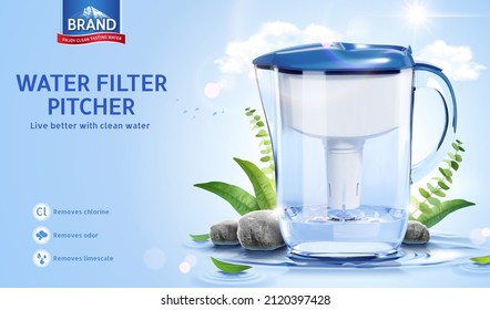 3d water filter pitcher ad template. Plastic jug mock-up displayed on ripple water surface with stones and natural leaves. Staying hydrated concept.