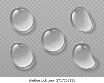 3D water or gel drops set isolated on transparent background. Vector realistic illustration of abstract cosmetic serum droplet top view, liquid skincare product texture, moisture oil or cream bubble