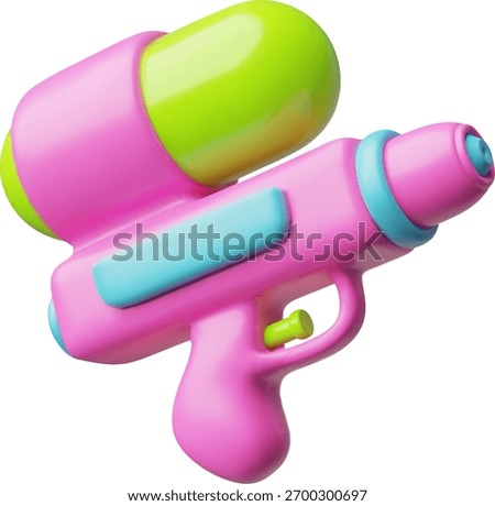 3D water gun, bright plastic case, pink and green, wet show, children's toy. Summer fun, game, festival. Side view. Aimed weapon. Vector cartoon illustration. Isolated background. Icon. Render.