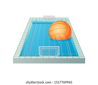 3d water polo pool with goals and orange ball isolated on white background, vector illustration