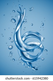 3D water splash dynamic effect, isolated on blue backdrop.Abstract image of whirl water element,isolated on transparent background.Editable for web site,poster,placard,ad and wallpaper