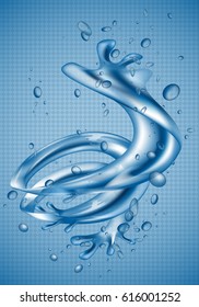 3D water splash dynamic effect, isolated on blue backdrop.Abstract image of whirl water element,isolated on transparent background.Editable for web site,poster,placard,ad and wallpaper