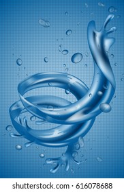 3D water splash dynamic effect, isolated on blue backdrop.Abstract image of whirl water element,isolated on transparent background.Editable for web site,poster,placard,ad and wallpaper