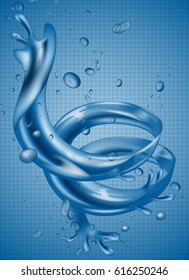 3D water splash dynamic effect, isolated on blue backdrop.Abstract image of whirl water element,isolated on transparent background.Editable for web site,poster,placard,ad and wallpaper