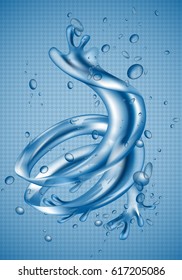 3D water splash dynamic effect, isolated on blue backdrop.Abstract image of whirl water element,isolated on transparent background.Editable for web site,poster,placard,ad and wallpaper