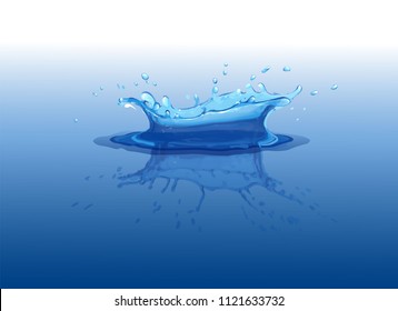 3D water splash with reflection effect. Liquid crown from falling drop. Transparency water spray. Vector illustration