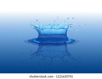 3D water splash with reflection effect. Liquid crown from falling drop. Transparency water spray. Vector illustration