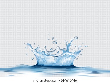 3D water splash with reflection effect.Image crown from falling into the water in blue colors, isolated on transparent backdrop.Transparency water spray