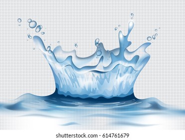 3D water splash with reflection effect.Image crown from falling into the water in blue colors, isolated on transparent backdrop.Transparency water spray