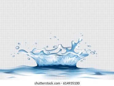 3D water splash with reflection effect.Image crown from falling into the water in blue colors, isolated on transparent backdrop.Transparency water spray