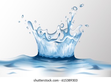 3D water splash with reflection effect.Image crown from falling into the water in blue colors, isolated on transparent backdrop.Transparency water spray