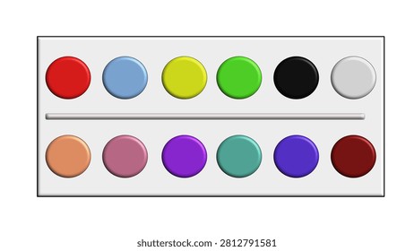 3D watercolor paint palette vector illustration paintbox with colorful circles isolated on white background kids art supply
