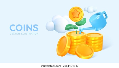 A 3D watering can waters coins. Income growth and financial success. Vector illustration