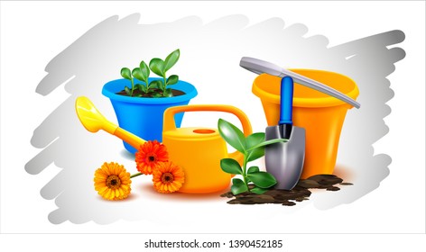 3d. Watering can.Realistic Plastic Bucket.Realistic Vector Trowel - agricultural tool.Vector plant. Flower with green leaves, with a stem that goes into the ground. Seedling.
