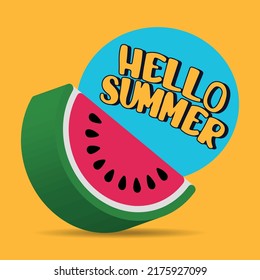 3d watermelon, Hello Summer Beach Party bright horizontal banner Design template with fresh watermelon slice isolated on yellow background.