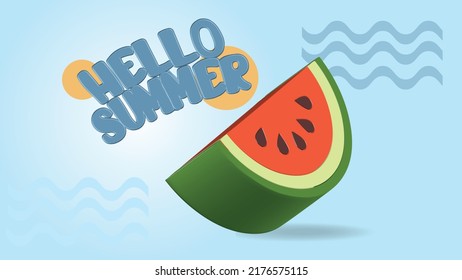 3d watermelon, Hello Summer Beach Party bright horizontal banner Design template with fresh watermelon slice isolated on blue background.