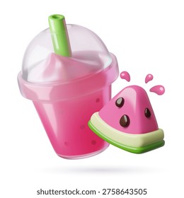 3D watermelon smoothie drink in a plastic takeaway cup. Fresh juice with ice and fruit piece. Realistic vector illustration.