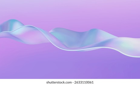 3D wave abstract liquid background with glass ribbon fluid shapes. Blue gradient holographic elements swirl with iridescent flow and neon light. 
