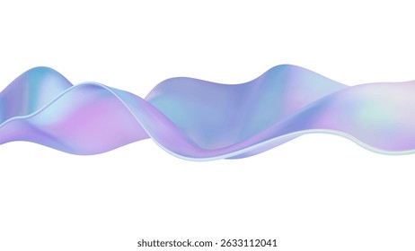 3D wave abstract liquid background with glass ribbon fluid shapes. Blue gradient holographic elements reflect iridescent chrome and rainbow tones. Dynamic soft wavy dispersion. Vector illustration.