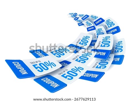 3d wave of blue flying gift vouchers or coupons with coupon code, 50% off, isolated on white background. Flying discount vouchers template in 3d vector illustration