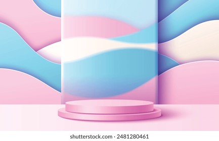 3D Wave Layers Studio mit Produkt Display Podium. Abstrakte Minimalszene in Blau und Pink mit Glassockel Mockup. Leeres realistisches geometrisches und welliges kosmetisches Präsentationsraum-Hintergrundrendern.