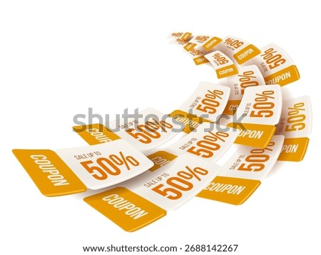 3d wave of yellow flying gift vouchers or coupons with coupon code, 50% off, isolated on white background. Flying discount vouchers template in 3d vector illustration