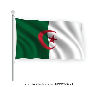 3d waving flag Algeria on flagpole Isolated on white background.