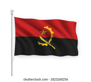 3d waving flag Angola on flagpole Isolated on white background.